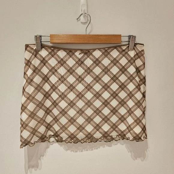 H&M Mesh Mini Skirt M Cream Brown Checked - Picture 3 of 7